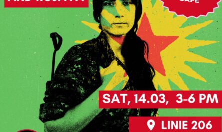 grüner Hinergrund eine Linoldruck Stil Kämpferin Rojava Kurdistan grün, rot gelbe Elemente